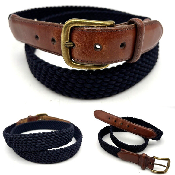 1995 Land's End 37866 Navy Blue Stretch Brown Leather Brass Buckle Belt Men's 38 - Picture 1 of 16